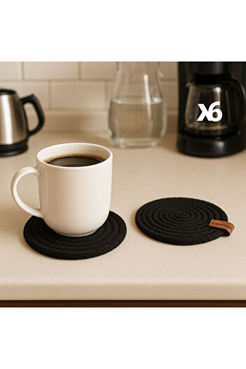 SİHİRLİ AYAKLAR Black Wicker 6-Piece Coaster 12 cm Tea Cup Mug Candle Coaster Decorative Placemat
