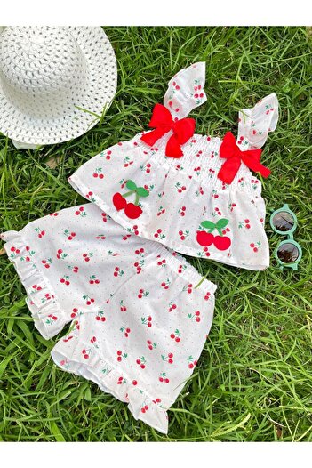 Bolly Baby 2-Piece Summer Baby Girl Set with Cherry Bow Shorts, Ages 1-5