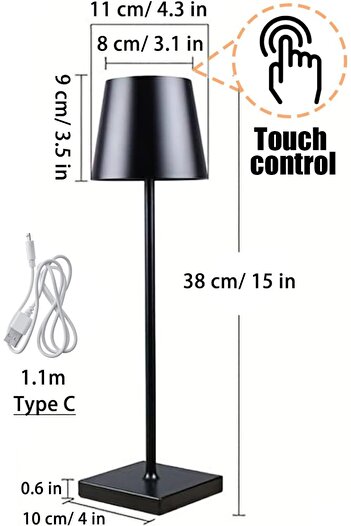 Taimi Metal Cordless Lamp,Touch Dimming,Wireless,IP54 Waterproof,Rechargeable,3 Color Modes,Black