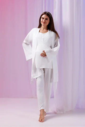 Pelin Women's Ecru Patterned Linen Maternity 3-Piece Pajama Set