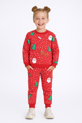 minikiss Seasonal Winter Themed Printed E Top and Bottom Girls' Two-Piece Set