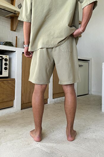 Flaw Wear Khaki Waist Elastic Linen Shorts