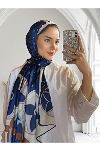 PİRAMİT LOİS VOİTTON VUAL İPEK ŞAL LV MODEL LACİVERT KREM