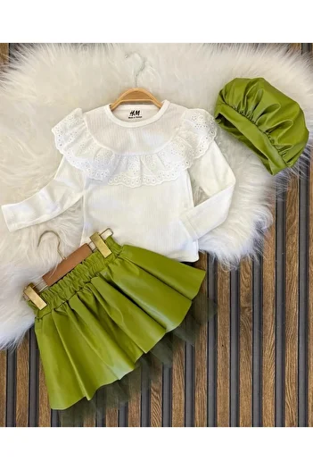 Bisahane Girl's Pistachio Green Leather Skirt Bady Hat 3-Piece Set