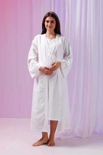 Lohussa Women's Ecru Jacquard Special Design Cotton Maternity Maternity Dressing Gown Nightgown Set