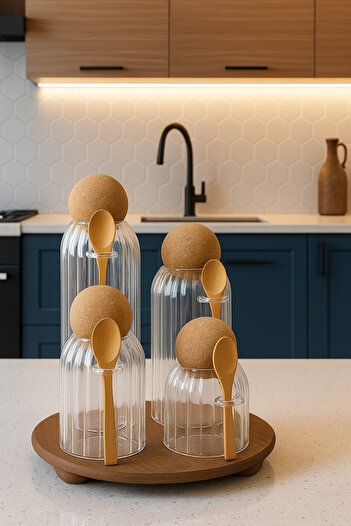Dia Set of 4 Mushroom Ball Lid Wooden Spoon Wooden Stand Line Jar Set Spice Rack Set