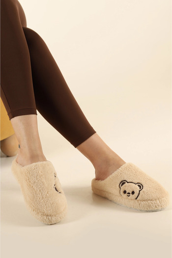 Beyond Women's Beige Teddy Bear Furry House Slippers Bynday01