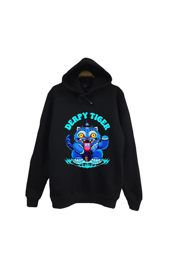 fame-stoned K-Pop Demon Hunters – Derpy Blue Tiger Printed Unisex 100% βαμβακερό μαύρο φούτερ με κουκούλα