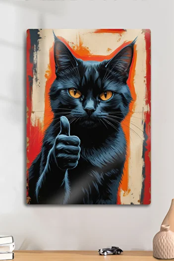 DekorHane Metal Print - Black Cat Painting - Thumbs up Hand Gesture, Colorful Modern Wall Decor, Fun Gift