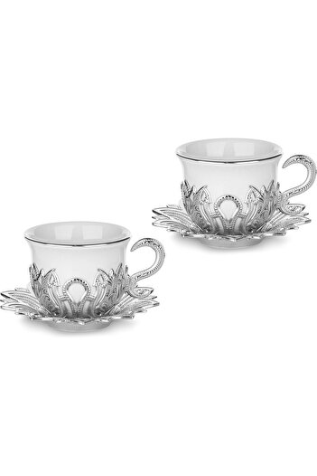 KT HOME Turkish Coffee Presentation Set for 2 People Silver Gold Coffee Cup Set Topkapi Coffee Cup Set of 2