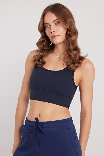 Tudors Women's Slim Fit Narrow Strap Square Neck Navy Blue Crop
