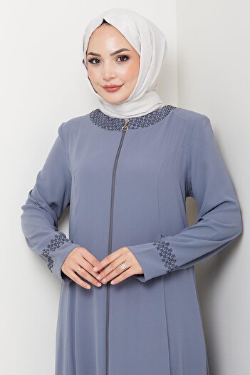 hafsamina Ferace with Stone Detail on Collar and Cuffs Gray Hm2802