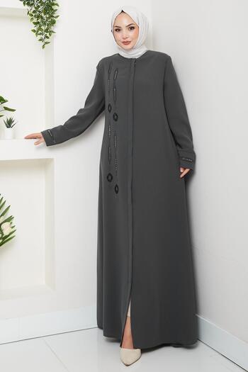 hafsamina Anthracite Hm2800 Plus Size Ferace with Stones on the Front