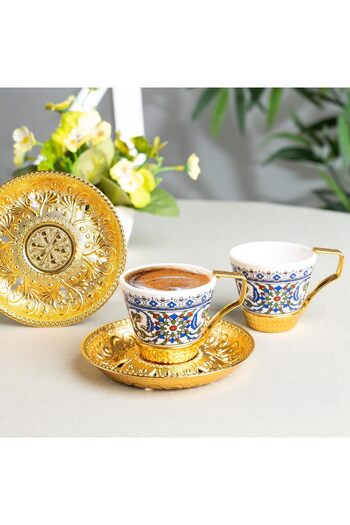 KT HOME Turkish Coffee Presentation Set for 2 People Silver Gold Coffee Cup Set Topkapi Coffee Cup Set of 2