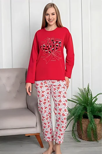 Farya Home Cotton Patterned 2 Yarn Ribbed Winter Long Sleeve Pajama Set