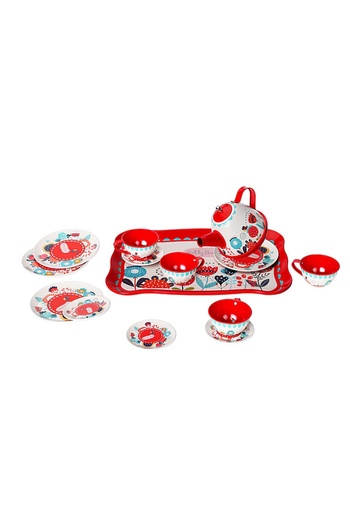 Brother Toys 15 Piece Floral Metal Tea Set for Home and Kitchen, Cup, Teapot and Saucer 24 Cm. Red