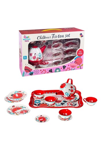 Brother Toys 15 Piece Floral Metal Tea Set for Home and Kitchen, Cup, Teapot and Saucer 24 Cm. Red