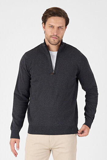 hateko Anthracite 100% Cotton Men's Half Zipper Stand Collar Knitwear Sweater