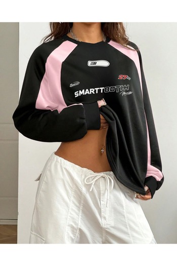 Touz Y2K Streetwear Smarttooth εμπριμέ μαύρο φούτερ Unisex Oversize Crew Neck