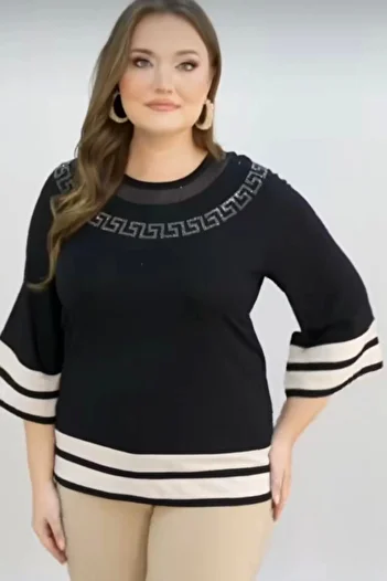 Bİ.GİYSEN Women's Plus Size Crew Neck Blouse with Sleeve Cuff and Neck Detail, Lycra Cotton Viscose Combed Cotton Blouse
