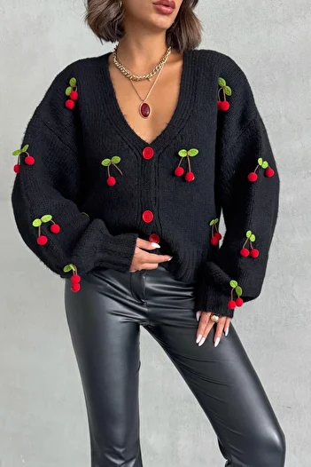 Lusin Women's Black Knitwear Cardigan with Cherry Accessories