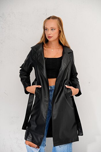 sportiness Belted Leather Trench Coat