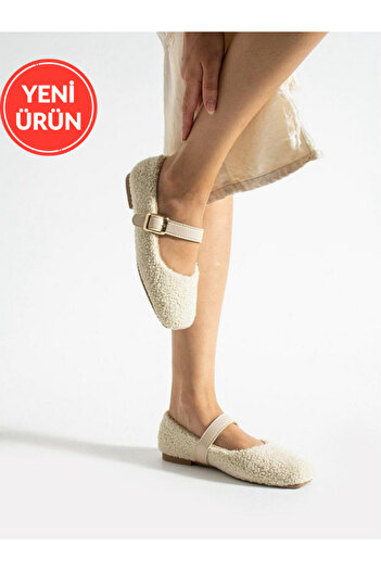 STOCON Women's Winter Belted Buckle Plush Wool Furry Dowry Bundle Fluffy Indoor Outdoor Ballet Flats Stc1148