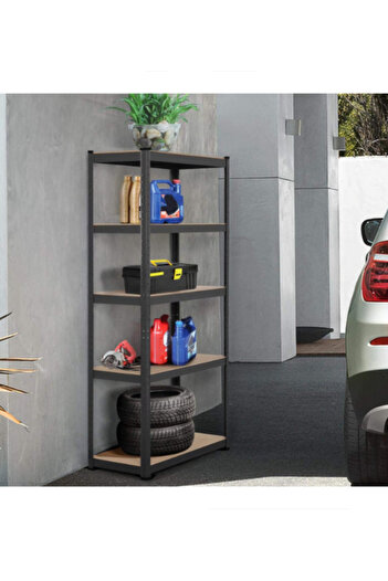 STRATEGIC Black painted metal shelf 5 MDF shelves 200x100x50 cm, 175 kg/shelf, clip-on fastening
