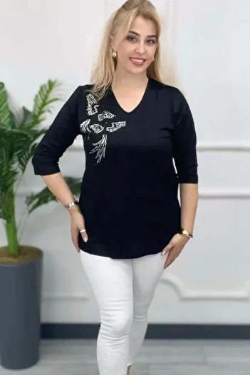 Bİ.GİYSEN Women's Black Plus Size V-Neck Lycra Bodysuit with Stone Printed Birds on the Chest