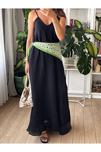 Store Siyah Askılı V Yaka Gizli Cepli Uzun Maxi Elbise