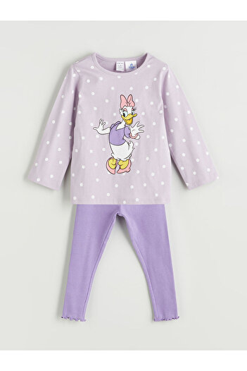 LC Waikiki Purple Crew Neck Long Sleeve Daisy Duck Printed Baby Girl Sweatshirt and Leggings 2-Piece Set