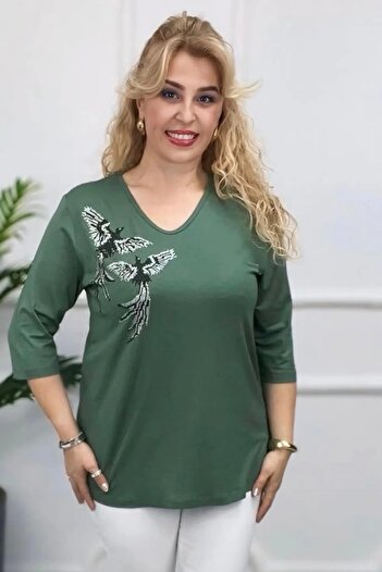 Bİ.GİYSEN Women's Green Plus Size V-Neck Lycra Bodysuit with Stone Printed Birds on the Chest