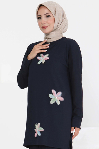 DESTEMODA Women's Floral Detailed Tunic Navy Blue 3006