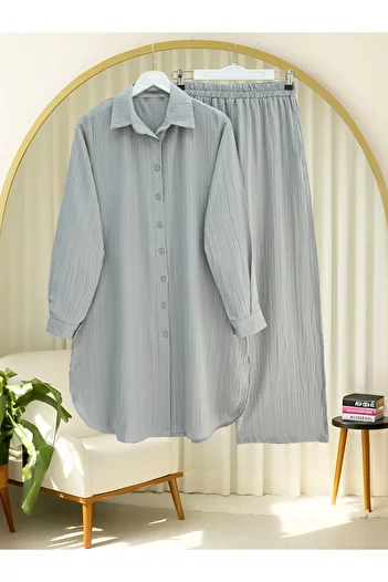 Modamorfo Buttoned Long Pants Crinkle Suit - Gray