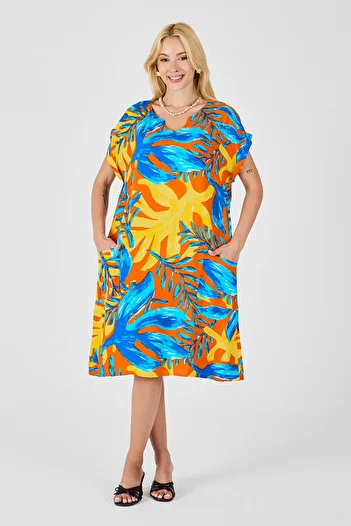 bacc Rochie cu decolteu în V, cu model tropical albastru-galben, cu o formă lejeră BCVL-254020