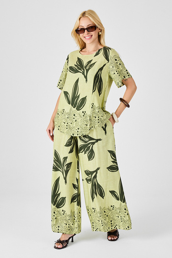 bacc Olive Green Leaf Patterned Oversize Blouse and Wide Leg Pants Set Bcvl-254029
