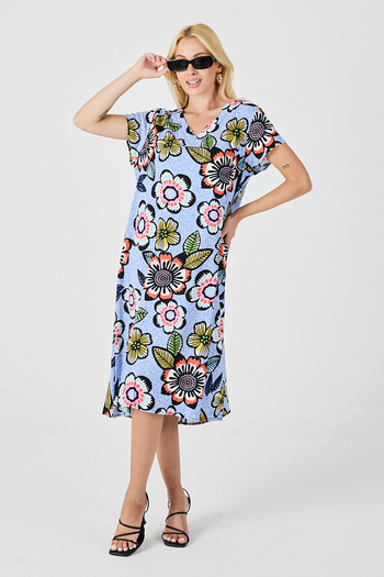 bacc Rochie midi albastru bebeluș cu decolteu în V adânc și imprimeu floral BCVL-254005