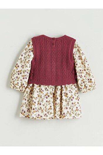 LC Waikiki Lcw Kids Crew Neck Long Sleeve Patterned Girls' Dress and Sweater 2-Piece Set