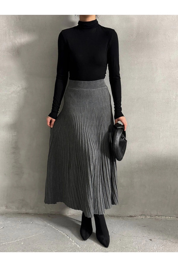Lusin Women's Gray Pleated Detailed Long Knitwear Skirt