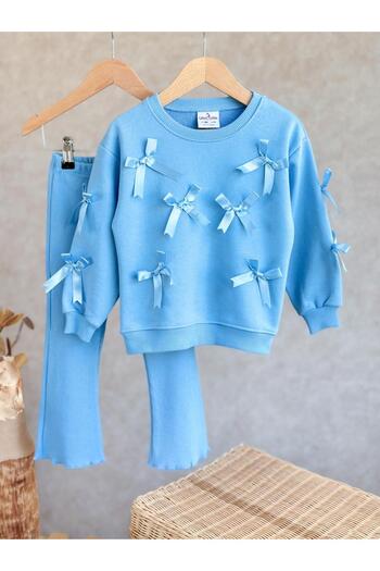Pinkitokids Blue Ribbony 3D Sweatshirt and Flared Leggings Set