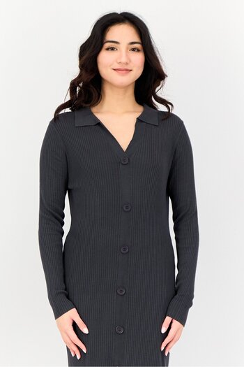 Threadbare Women Ribbed Long Sleeve Midi Dress, Charcoal