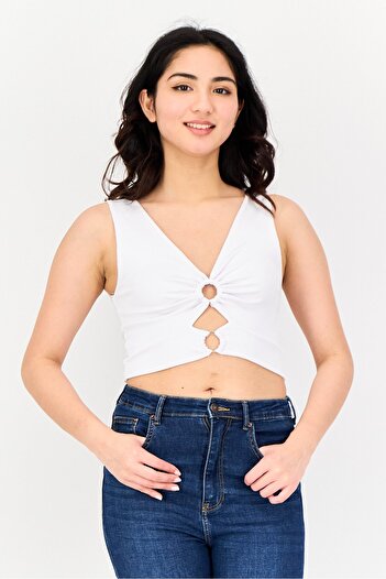 Don't Call Me Jennyfer Women V-Neck Sleeveless Textured Tank Top, White