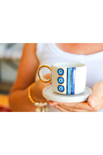 Özce Art Ceramic Atelier 170 ml Evil Eye Cup and Saucer with Three Ball 24K Gold Detail