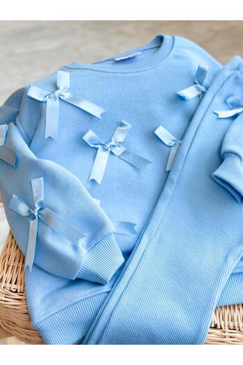 Pinkitokids Blue Ribbony 3D Sweatshirt and Flared Leggings Set