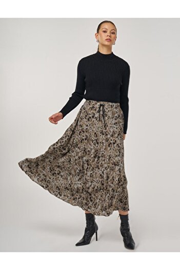 Kayra Leopard Patterned Pleated Skirt Khaki