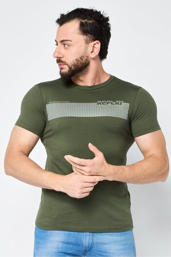 Replay Men Crew Neck Short Sleeve Graphic Print T-Shirt, Dark Olive