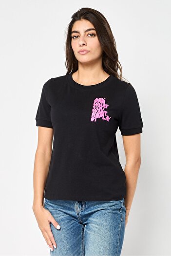 Replay Women Crew Neck Short Sleeves Graphic Print T-Shirt, Black