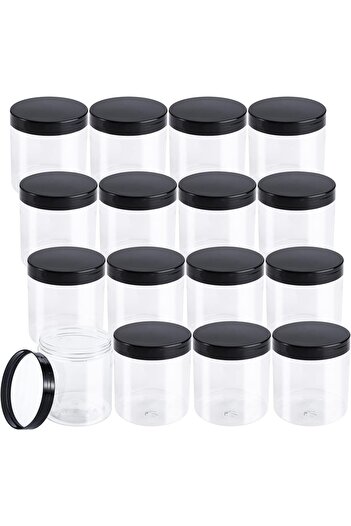 erorex 16 Pack 17 Oz Clear Plastic Jars Black Lids, Leak Proof Round Food Safe Storage Containers Kitchen