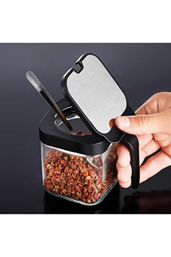 erorex Seasoning Box, 3Pack 10Oz Clear Glass Condiment Jars Lids Spoons, Pots Seasoning Box Salt Container