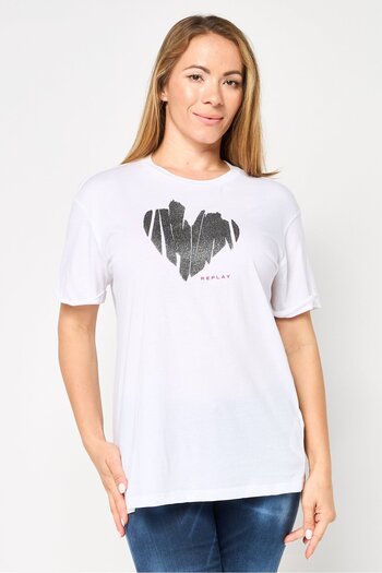 Replay Women Round Neck Short Sleeve Graphic T-Shirt, White